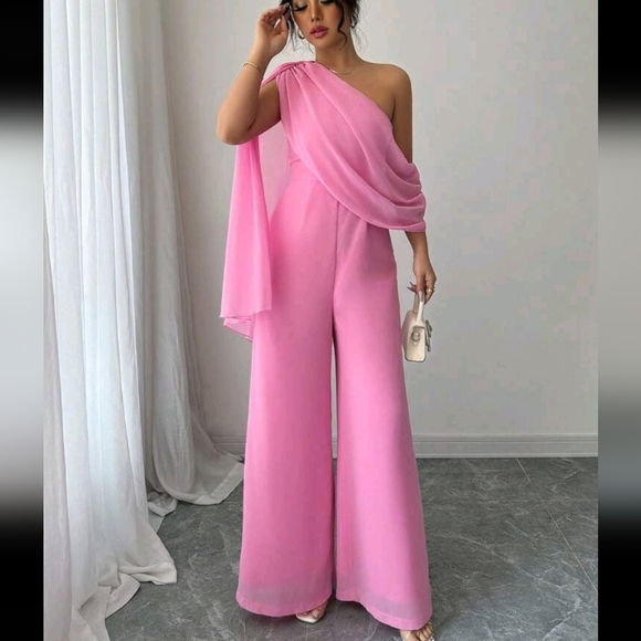 Women's Asymmetric Collar & Shoulder Sheer Textured Chiffon Jumpsuit - Picture 3 of 4